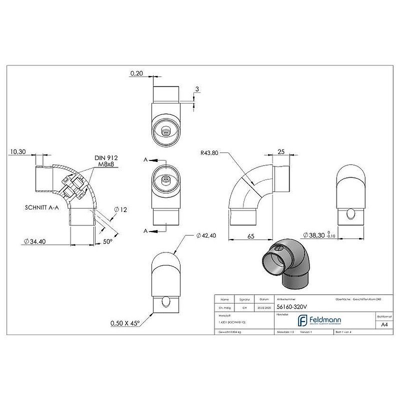 Rohrbogen 90°, verstellbar, für Rohr 42,4x2,0mm, V2A