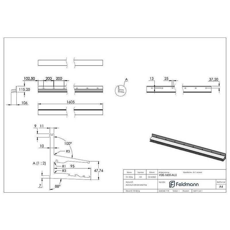 Profilé pour auvent en verre autoportant eleganza canopy, L: 1605mm, E4/EV1