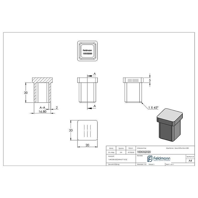 Push-in cap, for tube 20x20x1.5mm, AISI316