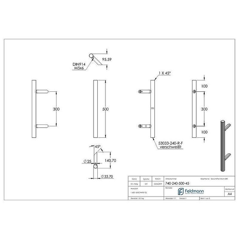 Stoßgriff inkl. Halter mit 45° Schräge 45° mit L: 500mm, V2A