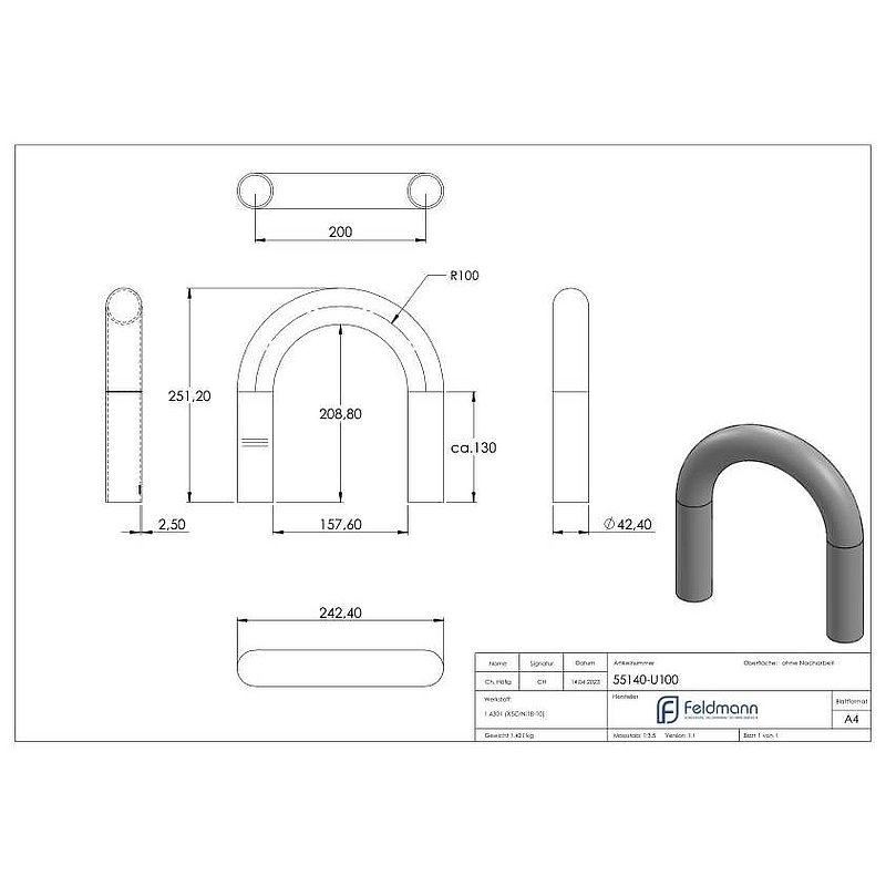 Rohrbogen 180°, aus Rohr 42,4x2,5mm, V2A