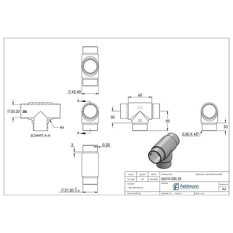 T-Stück, für Rohr 42,4x2,5mm, V2A