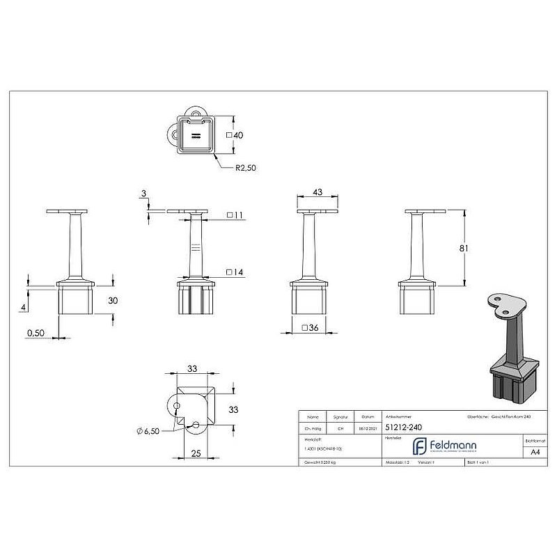 Bouchon d'extrémité avec tige + plaque de raccordement 90°, plat, pour tube 40x40x2mm V2A