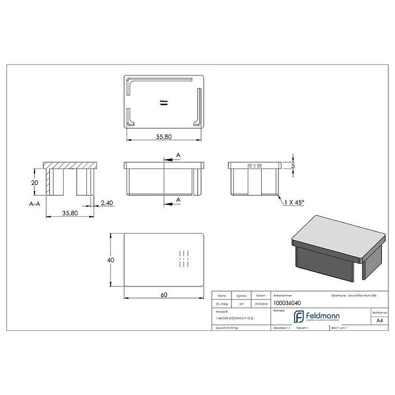 Push-in cap, for tube 60x40x2.0mm, AISI316