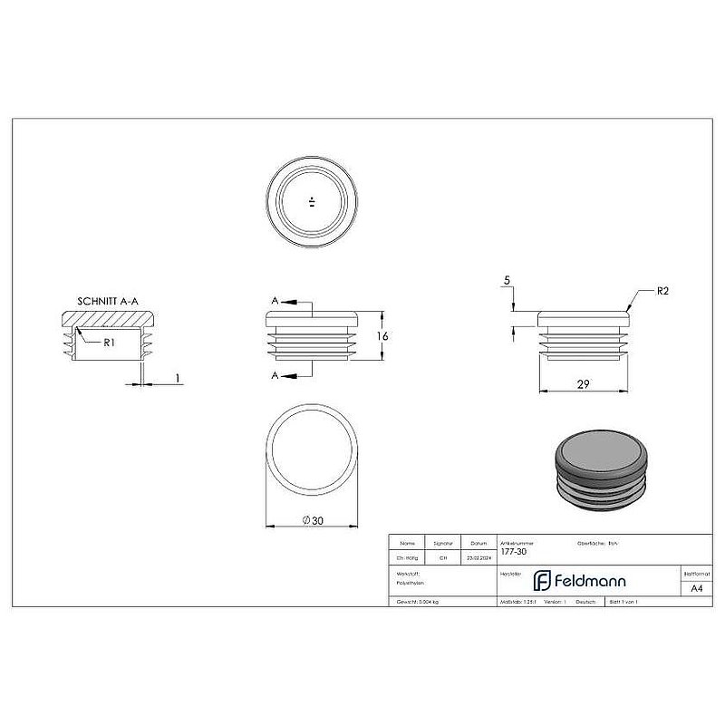Kunststoffkappe für Rundrohr 30,0mm