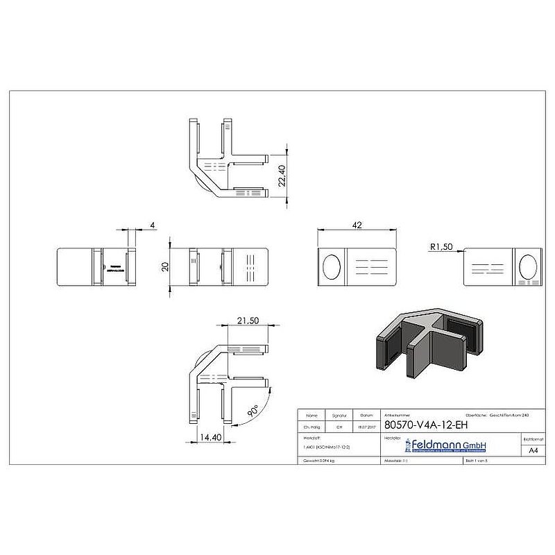 90° glass leveller for all-glass railings, for glass 12.76 - 13.52 mm
