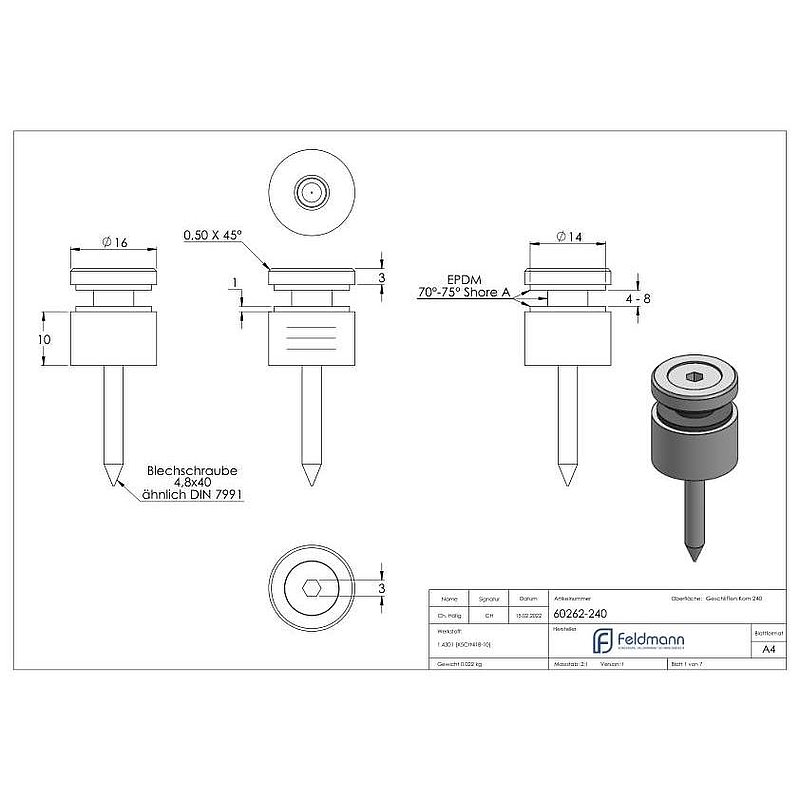 Point de fixation 16mm, jonction: droite, V2A