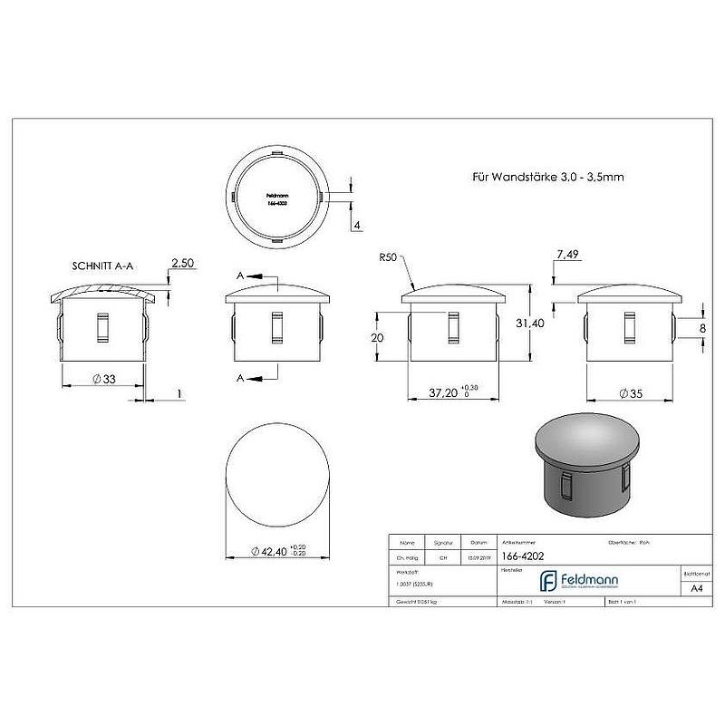 Stahleinschlagkappe, für Rohr 42,4mm,