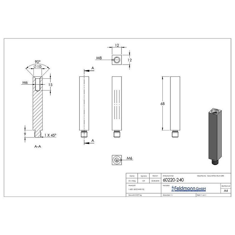 Stift aus 12x12mm, L: 68mm, V2A