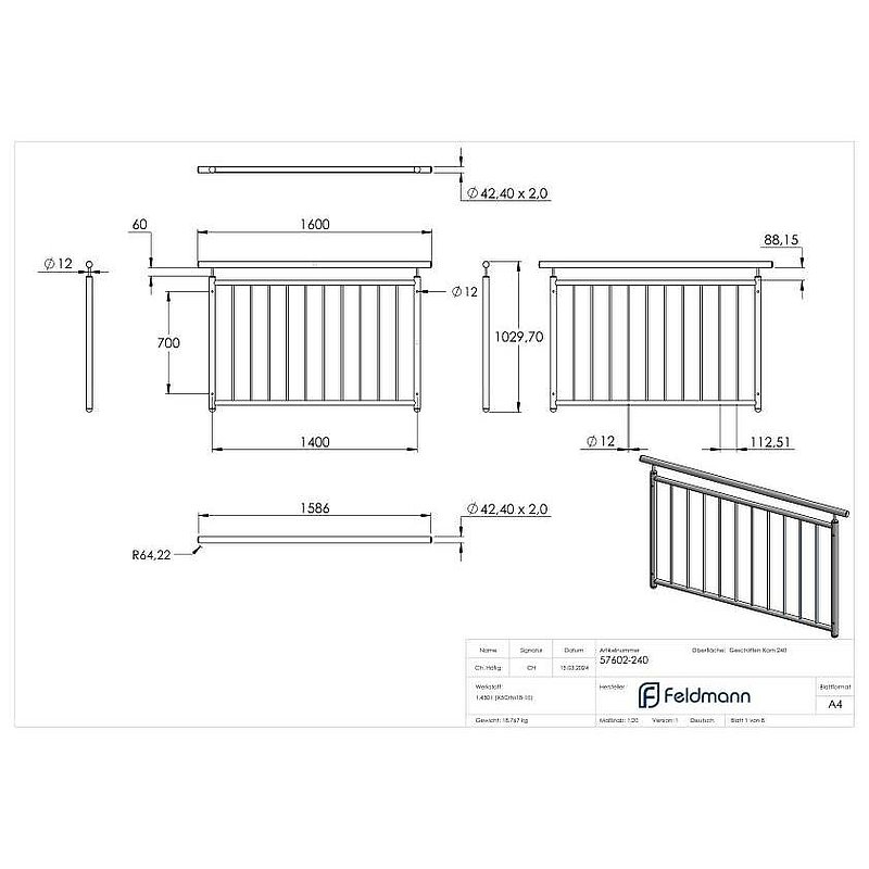 Balcon à la française, droit, L: 1,4m, V2A