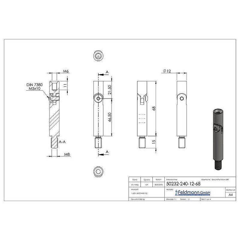 Gelenkstift Ø 12mm, L: 68mm, V2A