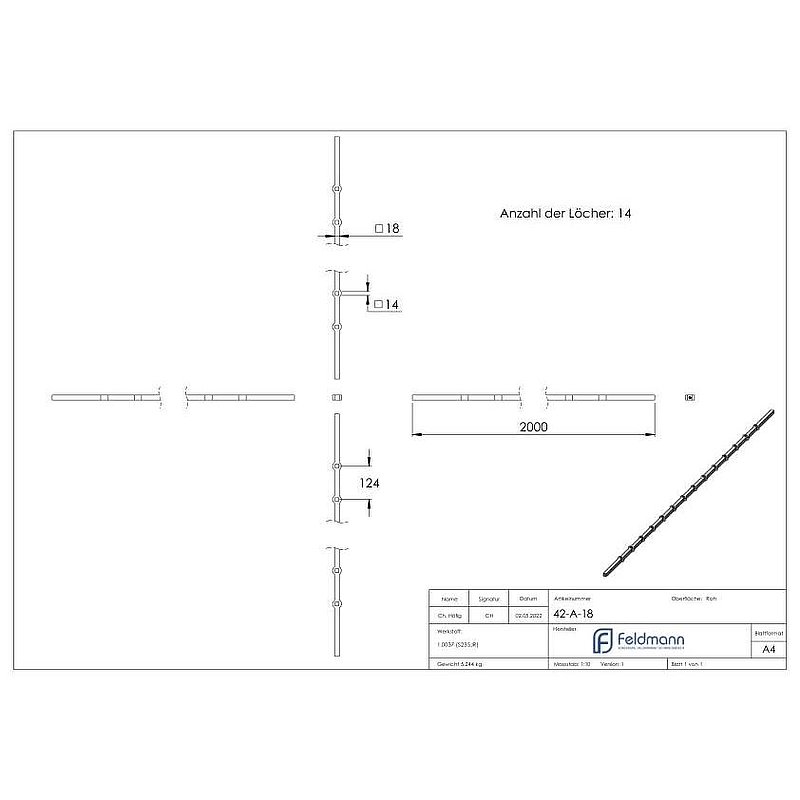 Lochleiste S235JR, 18x18mm, Lochabstand 124mm, 2000mm