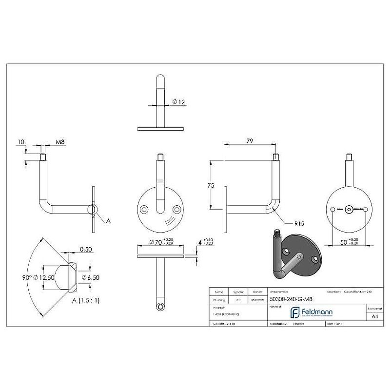 Handrail bracket with M8 external thread at the top (disc and bracket screwed together), AISI304