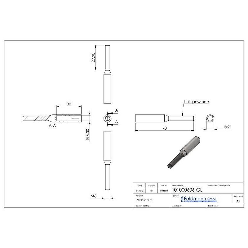 Threaded terminal for rope 6mm, AISI304