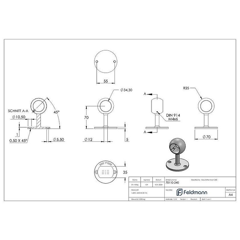 Rohrhalter, für Rohr 33,7mm, V2A
