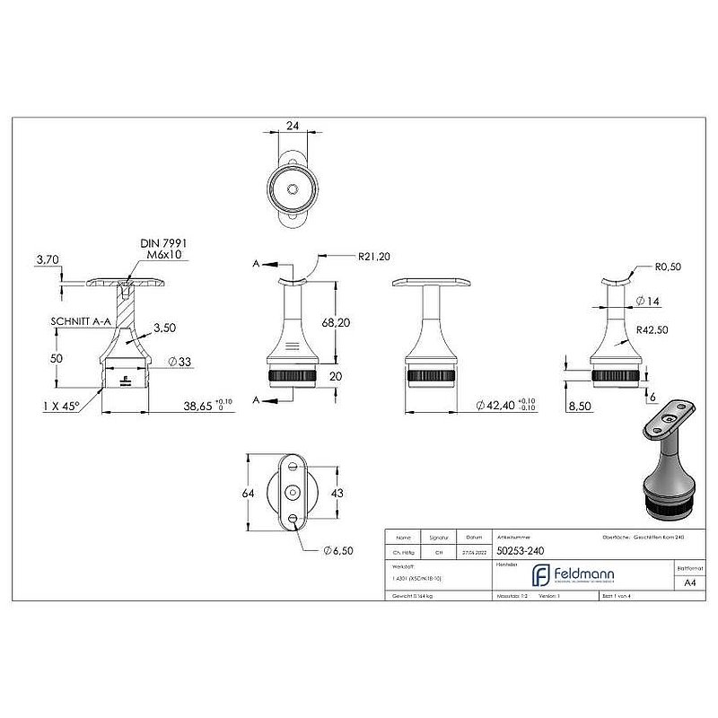 Tube end plug for tube 42.4x2.0mm, handrail connection plate: 42.4mm, AISI304