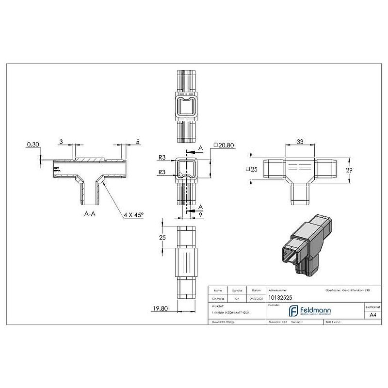 T-connector for tube 25x25x2.00mm, AISI316