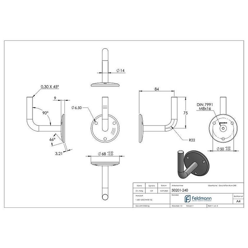 Handrail bracket for welding (round plate and bracket screwed together), AISI304