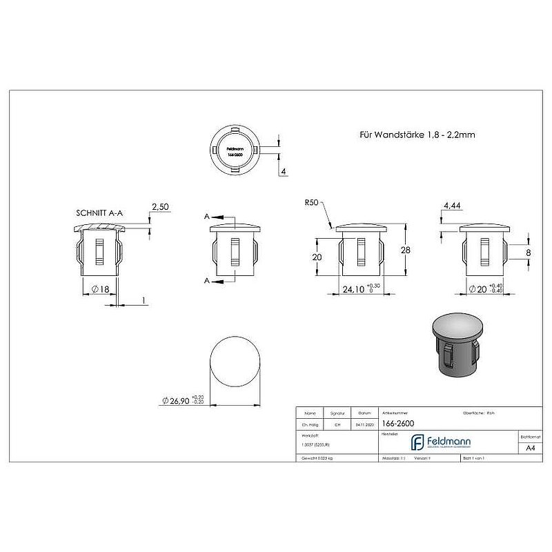 Bouchon en acier, pour tube 26,9mm