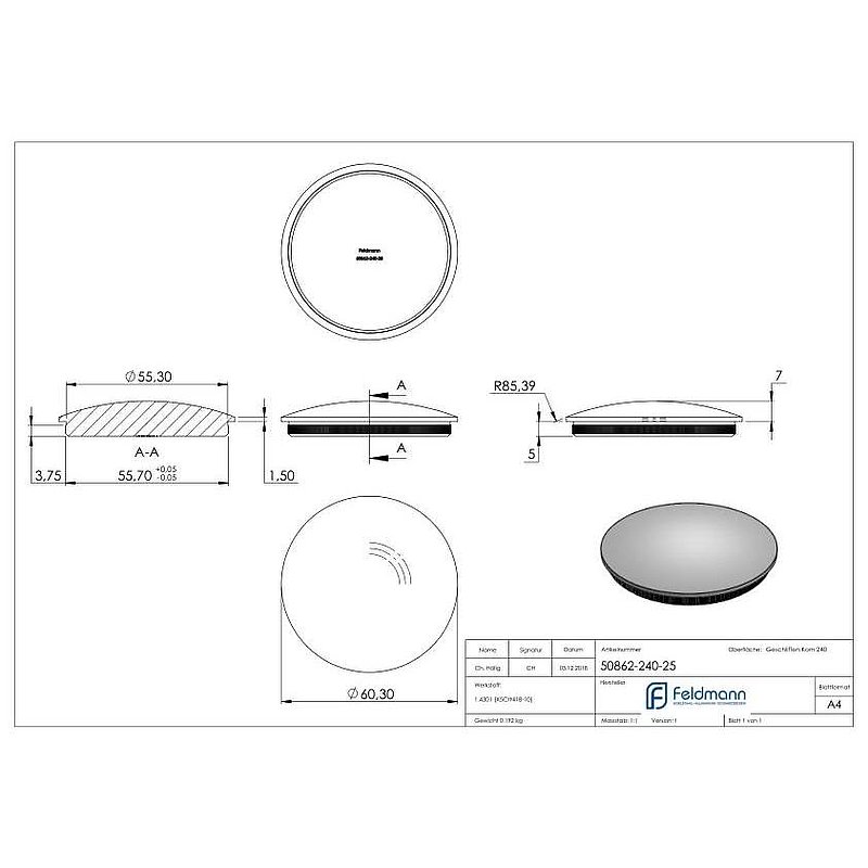 Bouchon pour extrémité de tube, pour tube 60,3x2,5mm, V2A