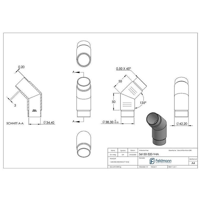 Coude à 135° droit, pour tube Ø 42,4x2,0mm, V4A