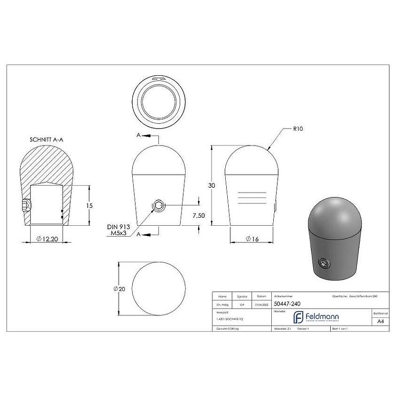 Endkappe für 12mm Rundmaterial, V2A