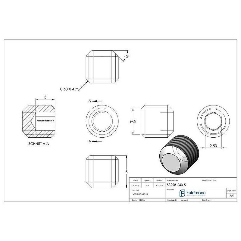 Gewindestift M5x5, V2A, DIN 913 / ISO 4026