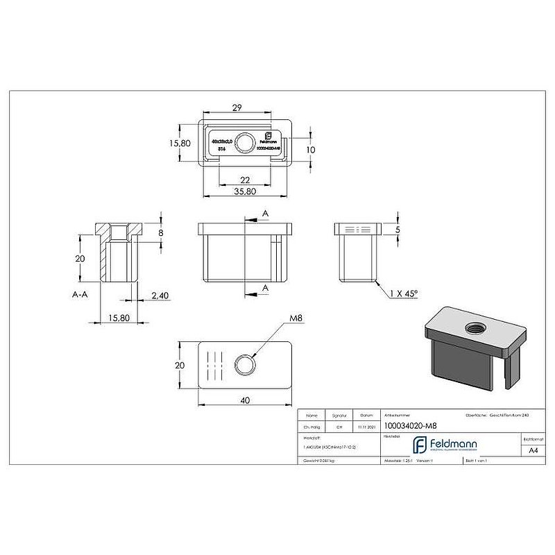 Push-in cap, for tube 40x20x2.0mm, AISI316
