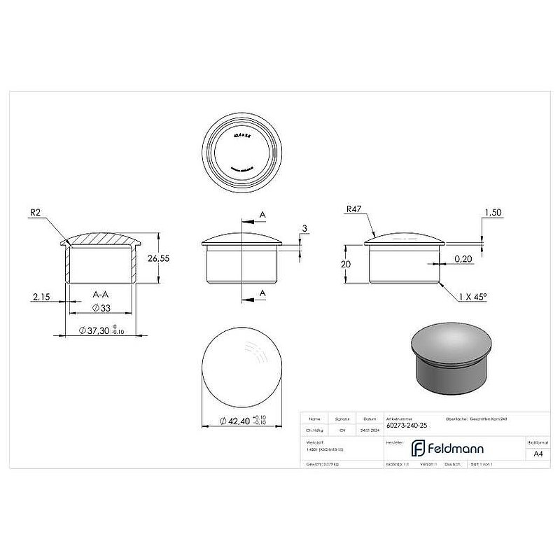 Rohrabschlussstopfen, für Rohr 42,4x2,5mm, V2A