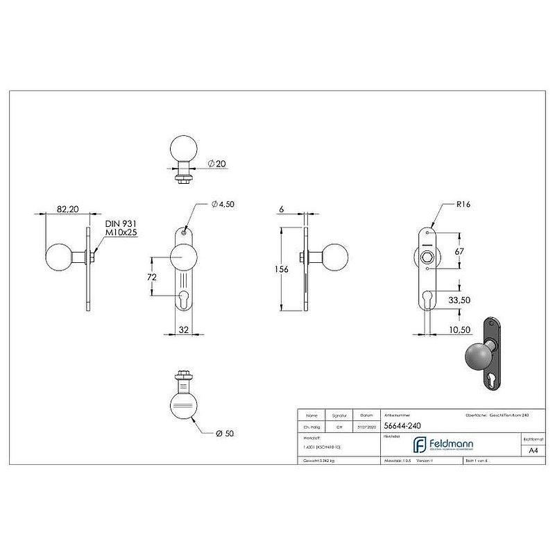 Door knob, Ø 50mm, with long backplate, AISI304