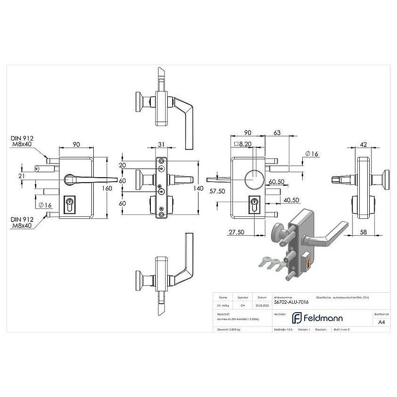grille gate lock GTS 2 with anti-panic function for tube thickness 40-60mm, housing RAL 7016