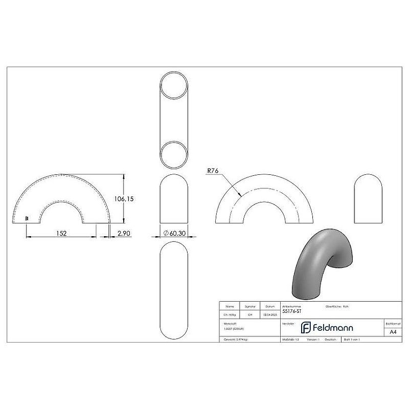 Schweißbogen 180°, 60,3 x 2,9mm, Bauart 3
