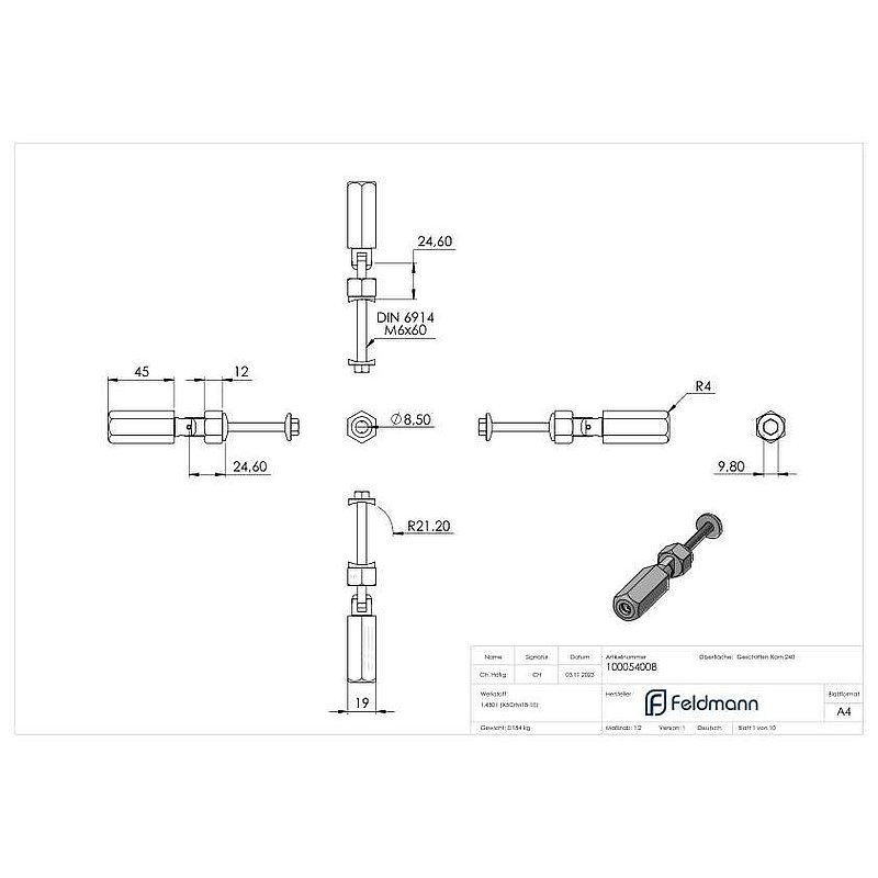 Gewindeterminal zur Selbstmontage, Seil 8mm, V2A