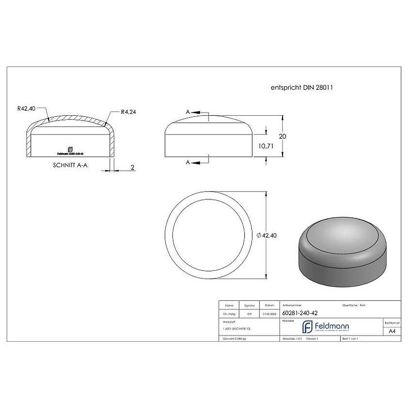 Curved base 42,4x2,0mm, DIN 28011, AISI304