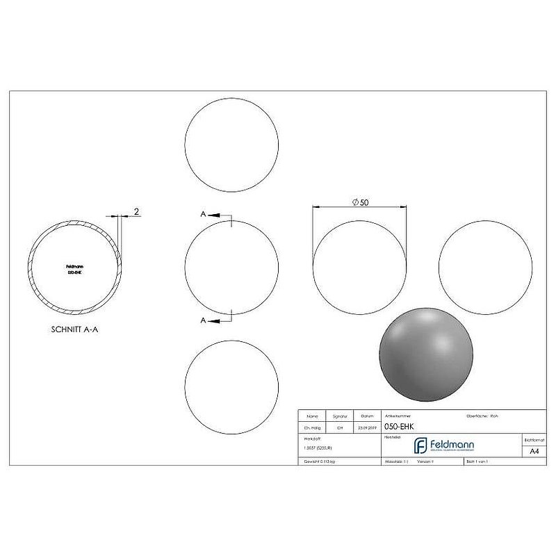 Eisenhohlkugel Ø 50x2,0mm