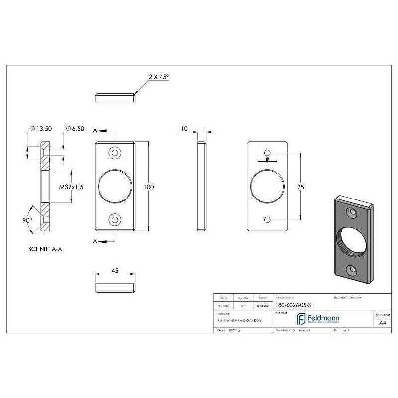 Mounting plate square 45x100mm