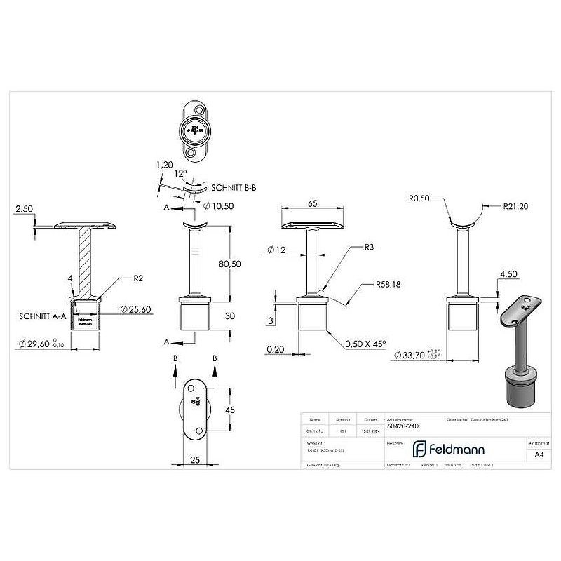 Tube end plug for tube 33.7x2.0mm, handrail connection plate: 42.4mm, AISI304