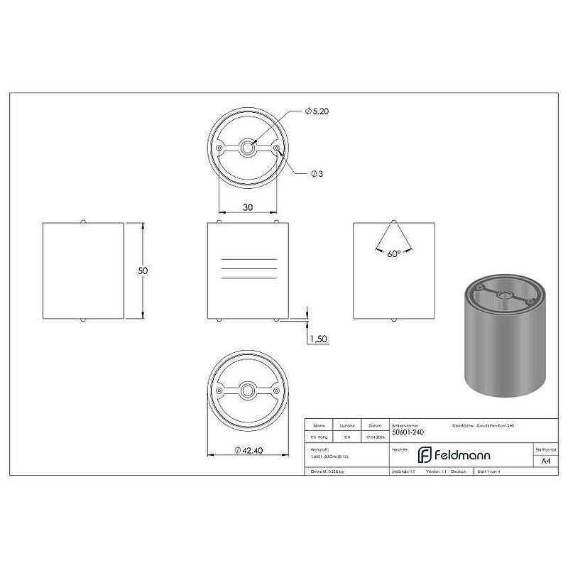 Connector for 42,4mm wooden handrail, AISI304
