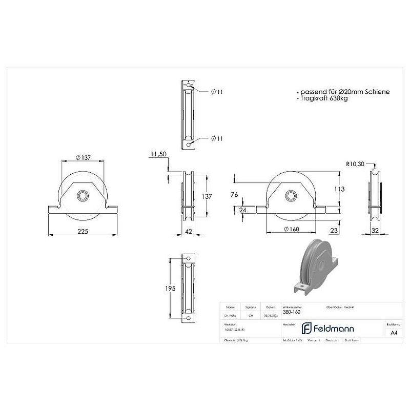 Sliding gate roller with round groove, Ø 160mm, for rail Ø 20mm, 2 ball bearings, galvanised