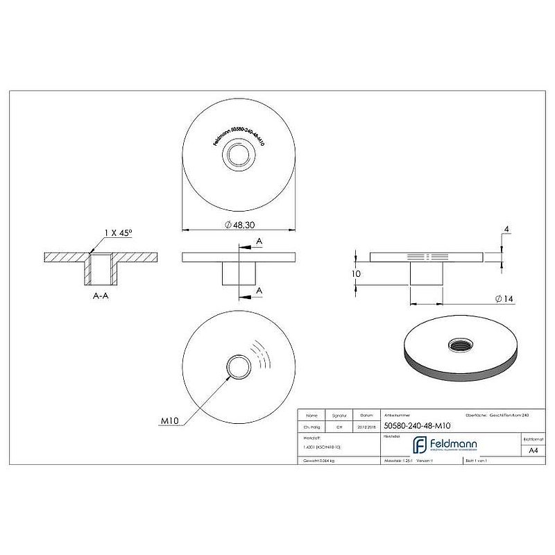 Plate, Ø 48.3mm, for welding on, AISI304