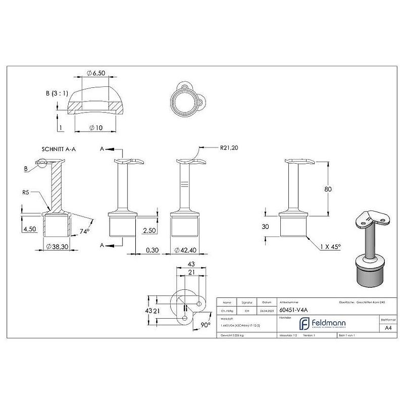 Tube end plug for tube 42.4x2.0mm, handrail connection plate 90°, AISI316