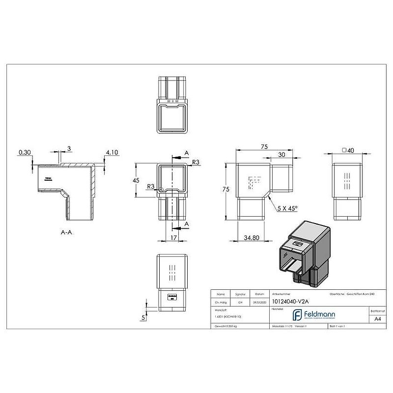 Connector 90° for tube 40x40x2.0mm