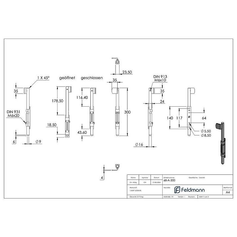 Torriegel zum Anschrauben, L: 300mm, verzinkt