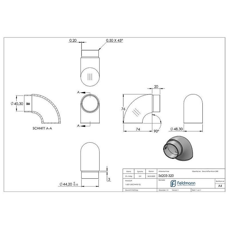 Endbogen 90° flach, für Rohr 48,3x2,0mm, V2A