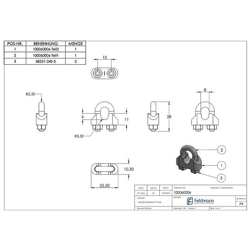 Drahtseilklemmen für Seil 6mm, V4A