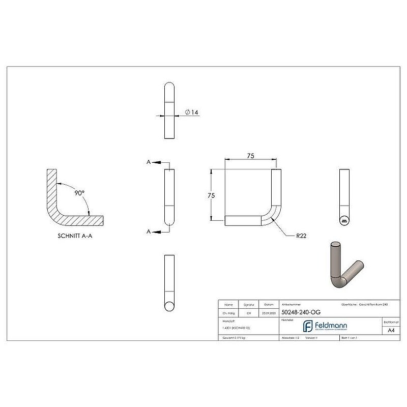 Bracket Ø 14mm, 90° bent, without thread, AISI304