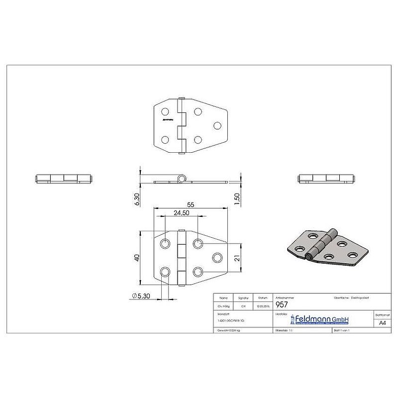 Charnière acier inoxydable 40x55mm avec tige fixe, V2A