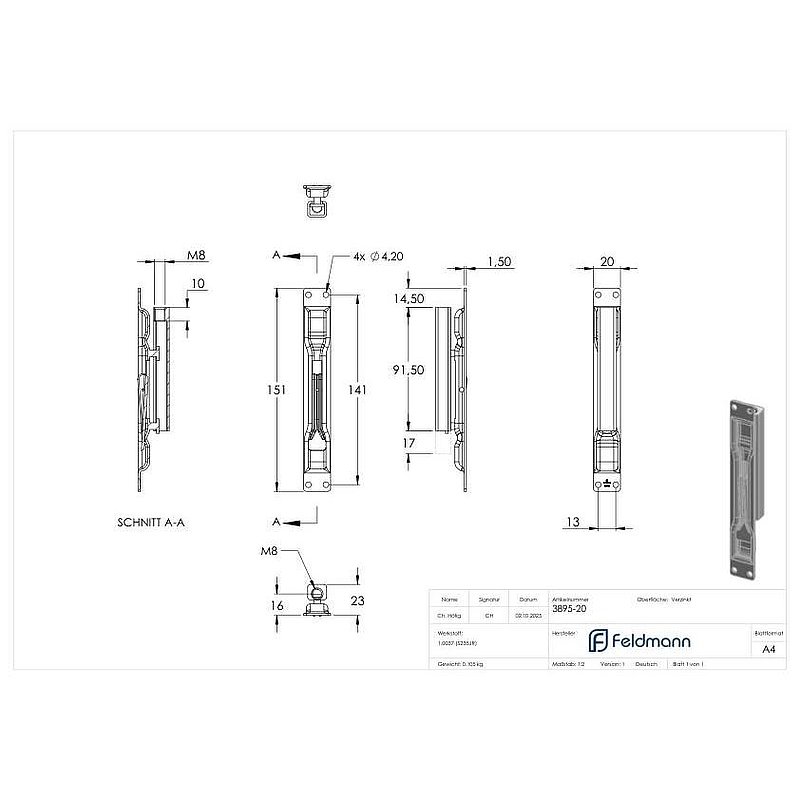 Kantriegel mit Breite 20mm und Gewinde M8, verzinkt