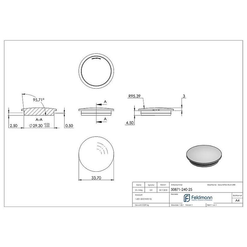 Rohrabschlussstopfen, für Rohr 33,7x2,5mm, V2A