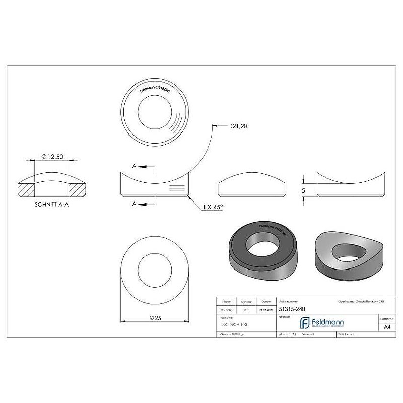 Levelling piece (without countersink) for tube 42.4mm, Ø 25mm, AISI304